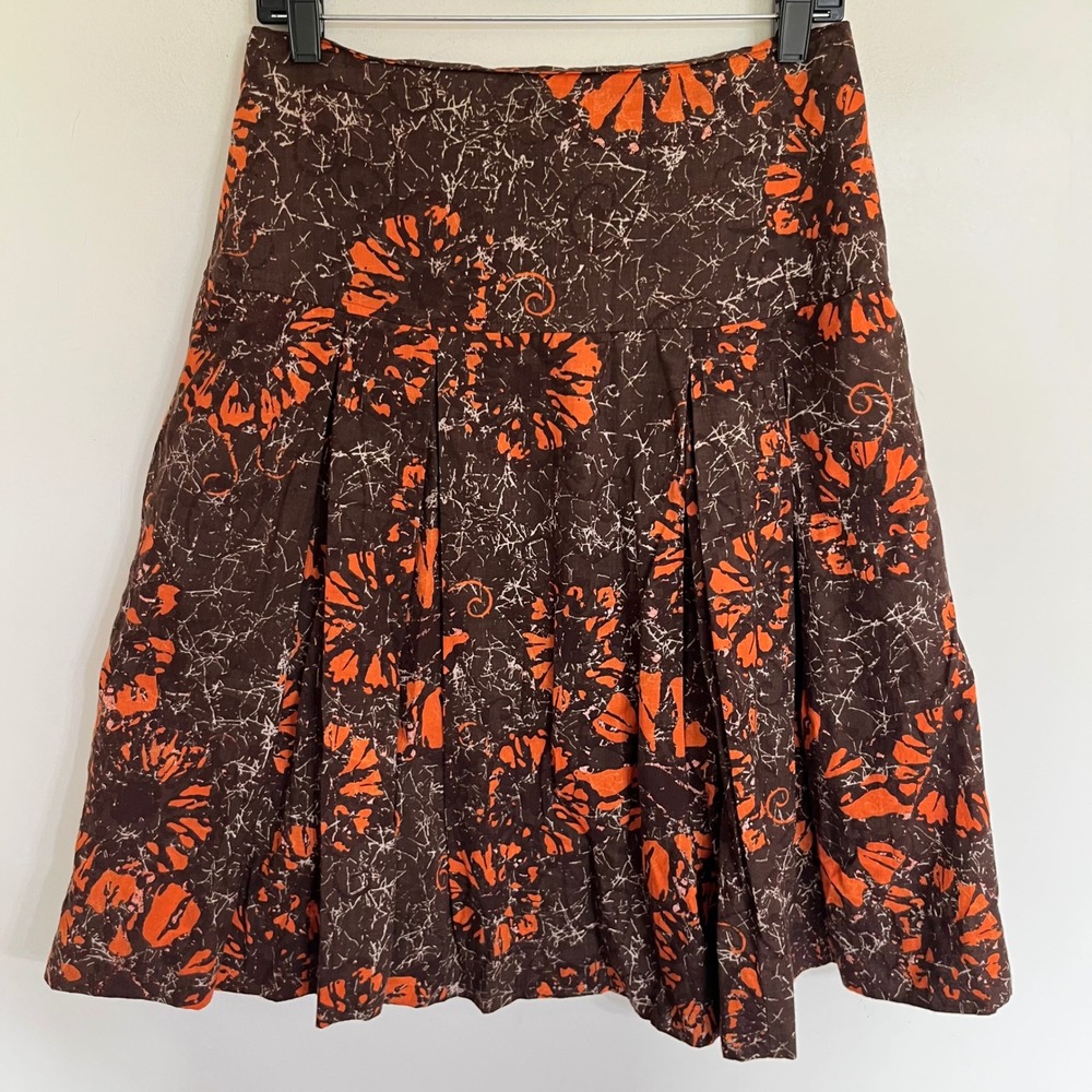 MS Mode Brown Orange Batik Floral‎ Pleated Knee Length Skirt Size 36 Cotton